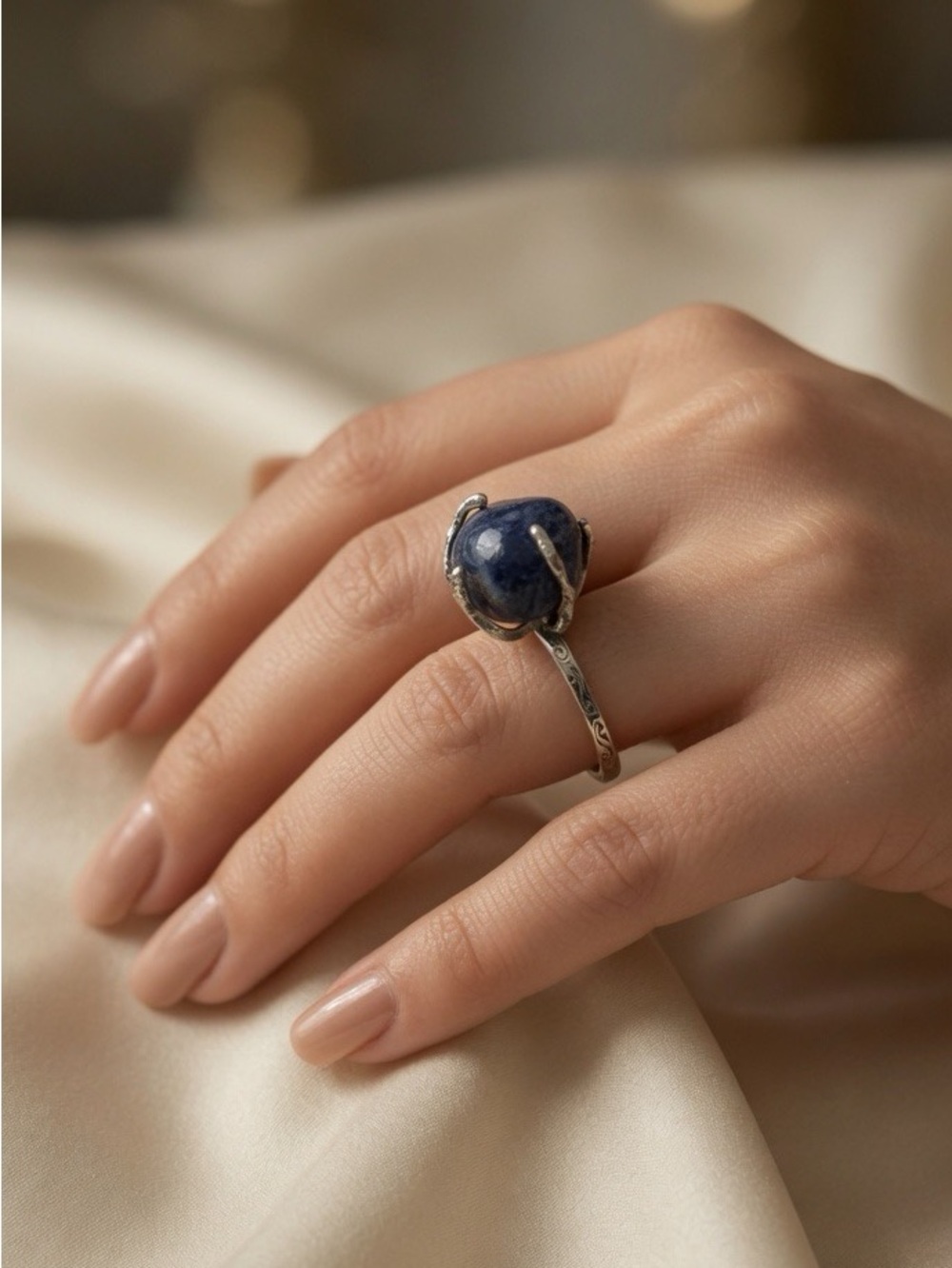 925 Sterling Silver Natural Raw Sodalite Nugget Ring Adjustable